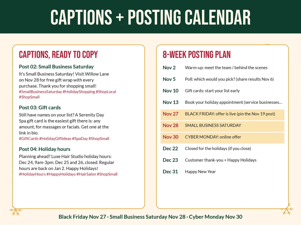 Captions and posting calendar